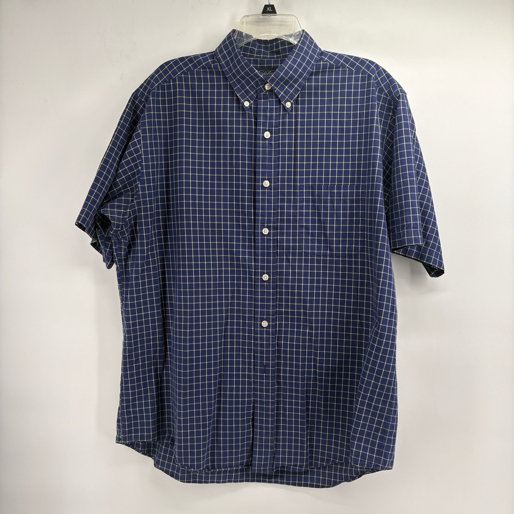 Brooks Brothers Men Large Navy Yellow Windowpane Check Short Sleeve Cotton Shirt